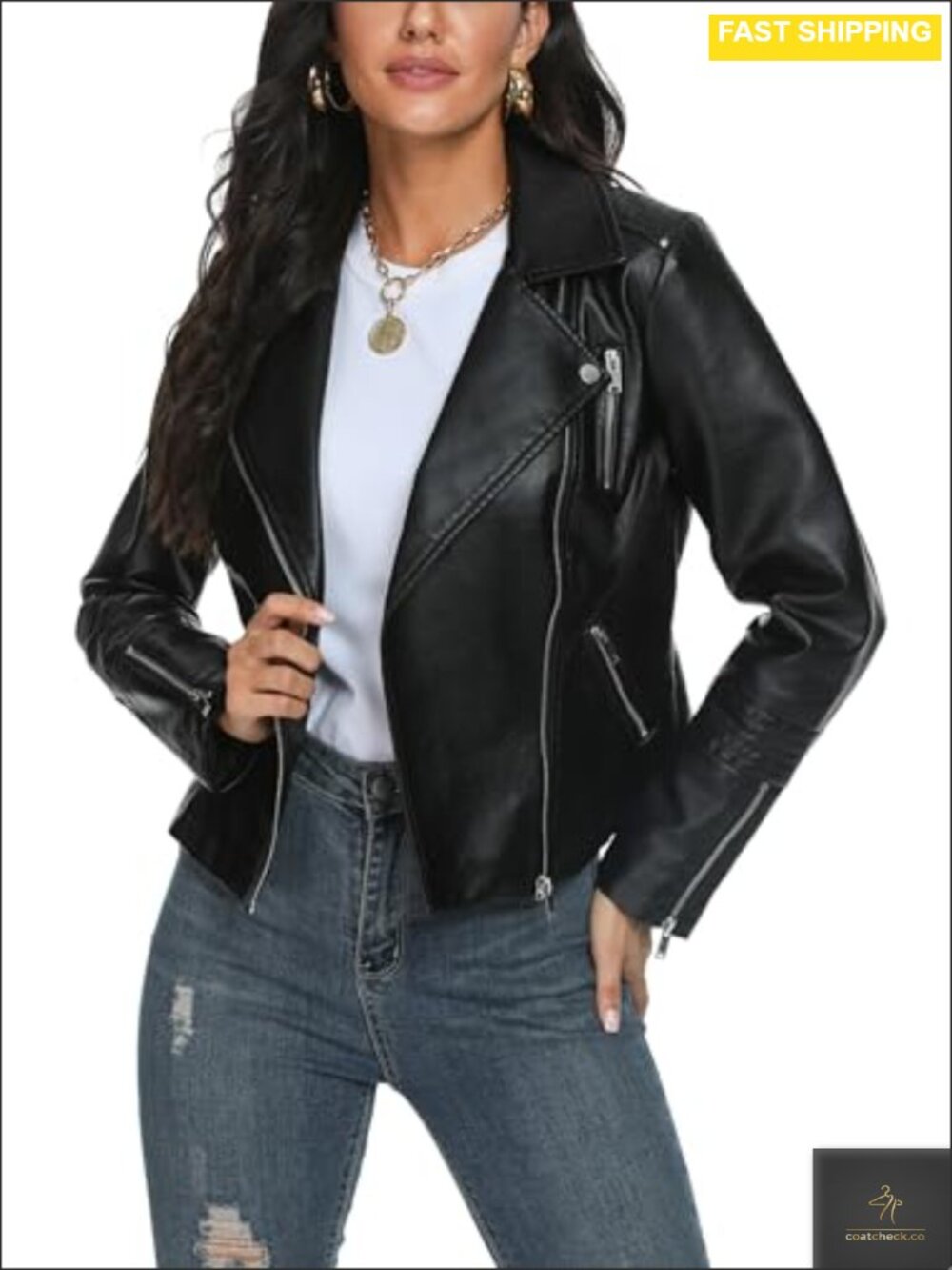 Faux Leather Moto Jacket Wing Collar Slim Fit Overcoat